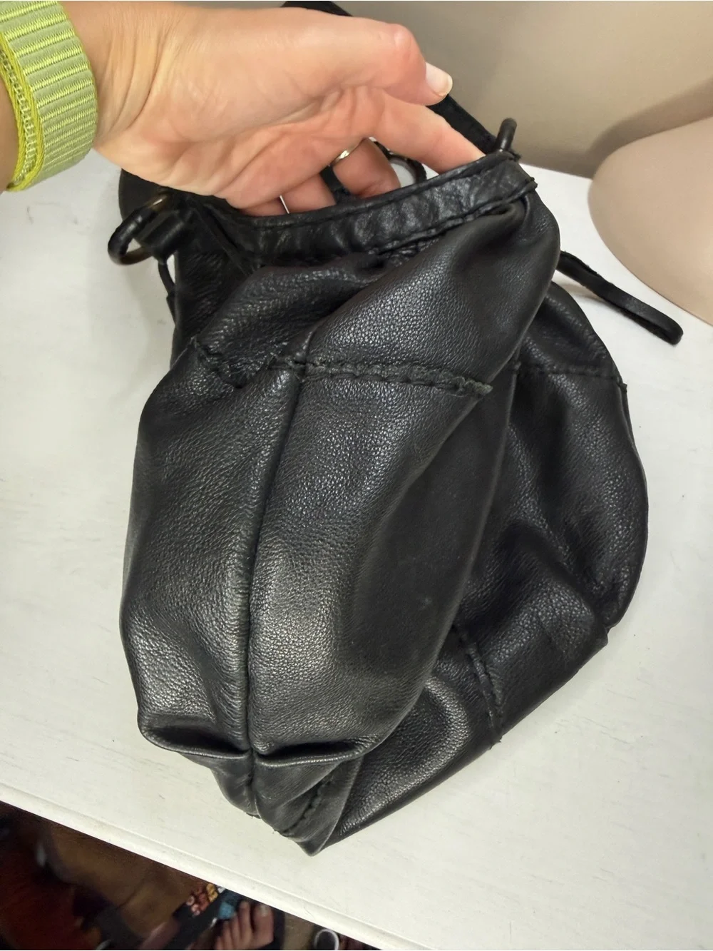 Lucky Brand Y2K Black Leather Drawstring Flower Hippie Hobo bag